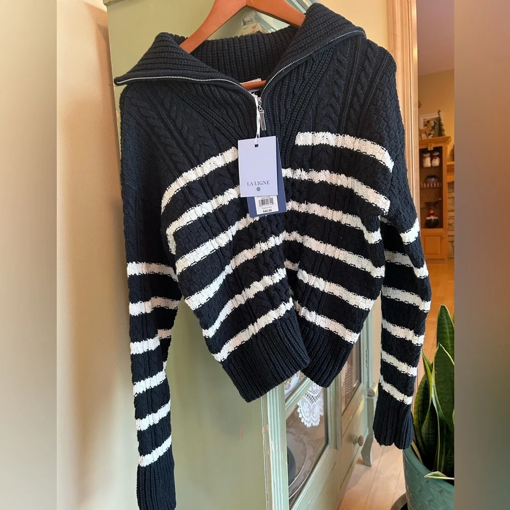 La Ligne x Target Black/White Striped Cotton Blend Shawl Zip Sweater Large NWT